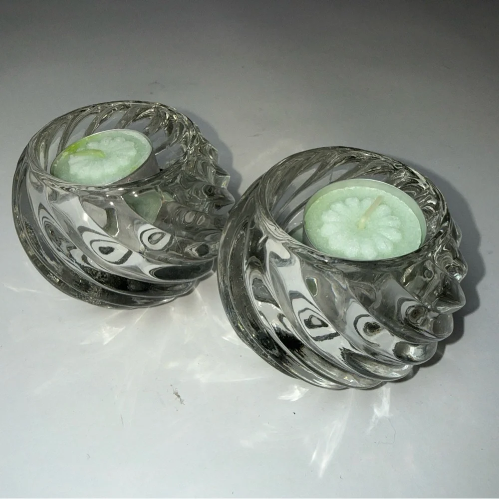 PartyLite Glass 2 Candle Holders Illusion Swirl Votive Tealight Holder Clear USA